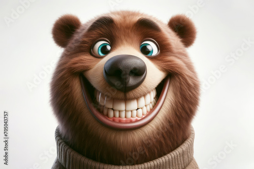 Portrait of a funny bear with a big smile and big teeth on a white background. ai generative photo