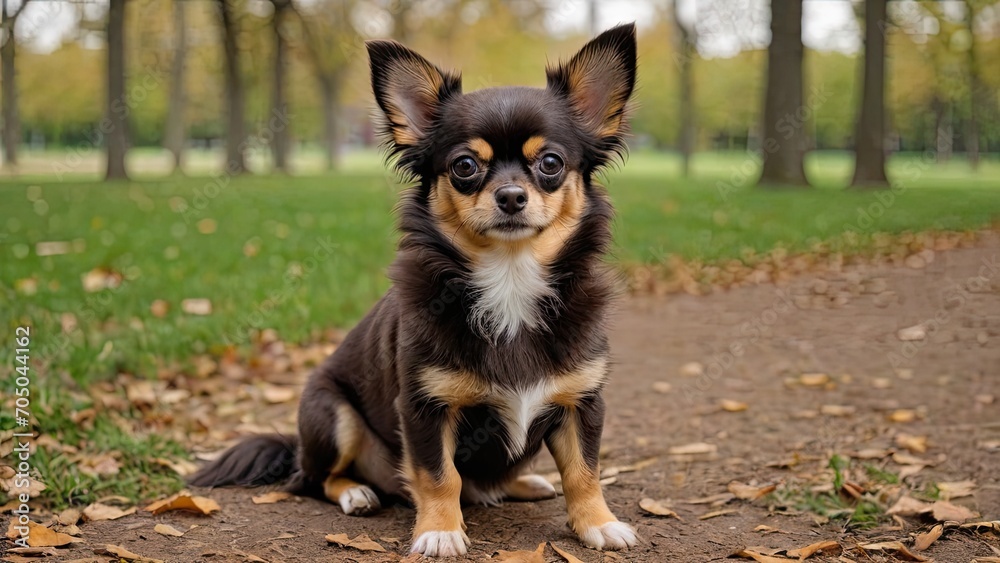 Chocolate long coat chihuahua dog in the park Chocolate long coat chihuahua dog in the park