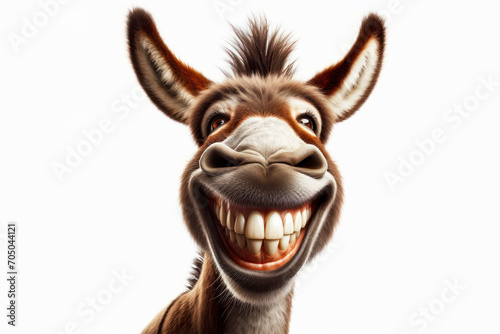 Portrait of a funny donkey with a big smile and big teeth on a white background. ai generative