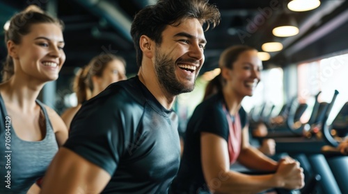 Fitness, sport, training, gym concept. Group of smiling people exercising in the gym photo
