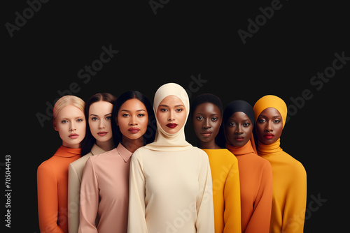Multinational young girls in a raw looking at camera isolated in black background, Global people diversity concept, Christians' and Muslims religions concept art, lady in hijab cosmetics advertising