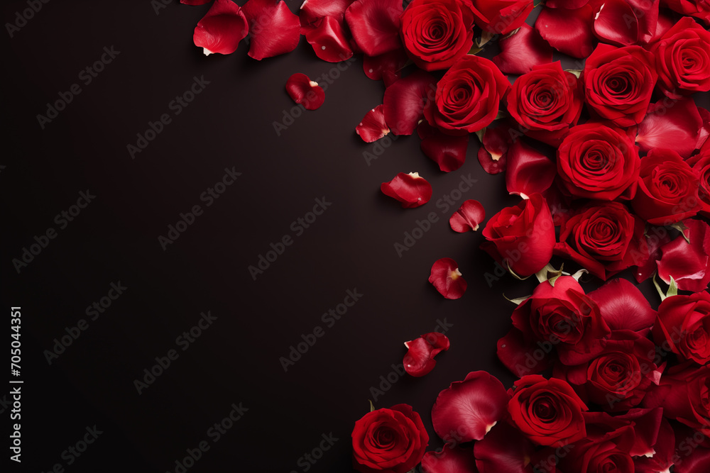Red roses and rose petals on a black background with space for text. Red roses and rose petals on a black background with space for text.
