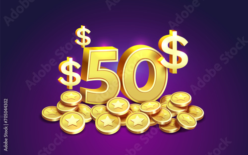 Cash back 50 dollar Percentage golden coins, financial save off. Vector illustration
