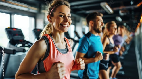 Fitness, sport, training, gym concept. Group of smiling people exercising in the gym
