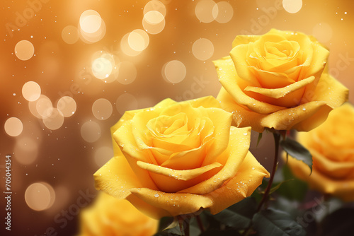 Yellow rose garden with yellow bokeh background and sparkling glitter. photo