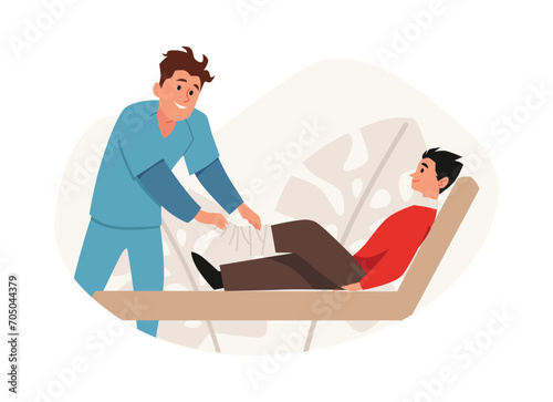 Male nurse provides medical care to patient with broken leg.