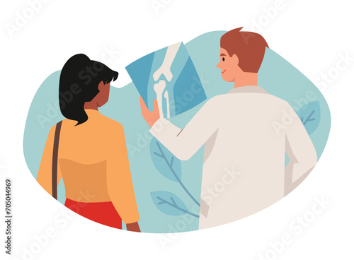 Orthopedic doctor examining xray pictures of joints knee, leg in doctor office, treatment and healthcare vector concept