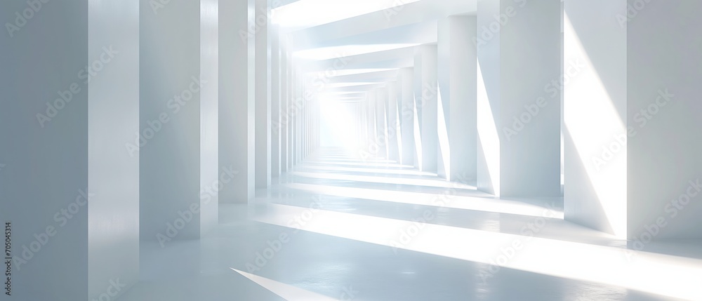 A bright, white abstract hallway with geometric patterns and light at the end, ideal for architectural and design concepts. - obrazy, fototapety, plakaty 