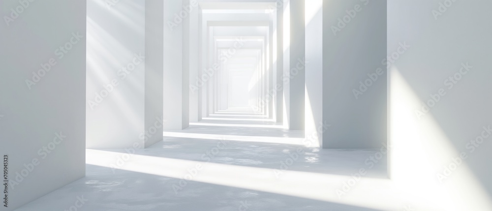 Fototapeta premium A bright, white abstract hallway with geometric patterns and light at the end, ideal for architectural and design concepts.