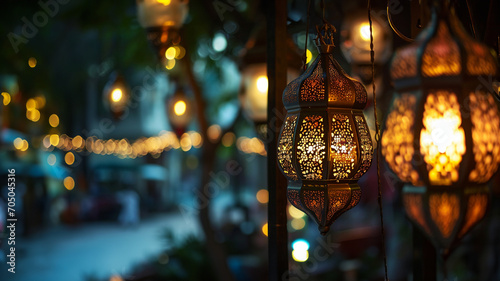 Ornamental arabic lantern and half moon. Ramadan background. photo