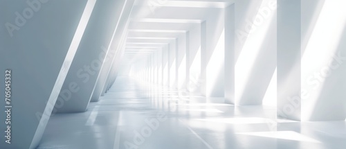 A bright, white abstract hallway with geometric patterns and light at the end, ideal for architectural and design concepts. photo