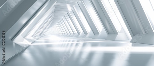 A bright, white abstract hallway with geometric patterns and light at the end, ideal for architectural and design concepts. photo