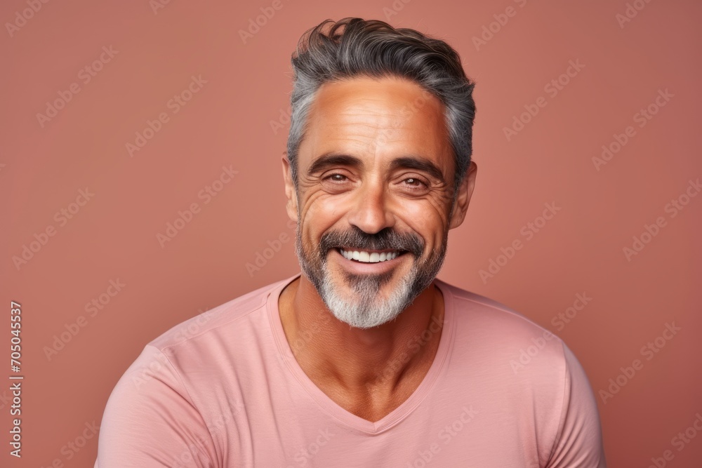 Portrait of a smiling middle-aged man in a pink t-shirt. Portrait of a smiling middle-aged man in a pink t-shirt.
