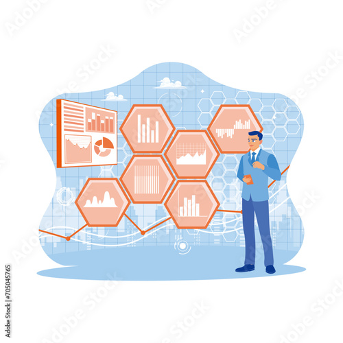 Man using a digital tablet with abstract digital business hologram. Entrepreneurs use new technology and innovation in marketing. Technology and finance concept. Trend Modern vector flat illustration