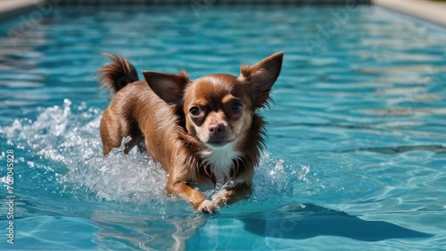 Chocolate long coat chihuahua dog in the swimming pool