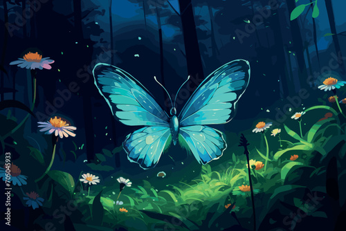 Fairytale butterfly among fluttering fireflies in a night vector art