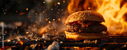 Particles of fire embers against a black background. An empty fired barbecue grill creates the backdrop, featuring abstract dark glittering lights from fire particles.