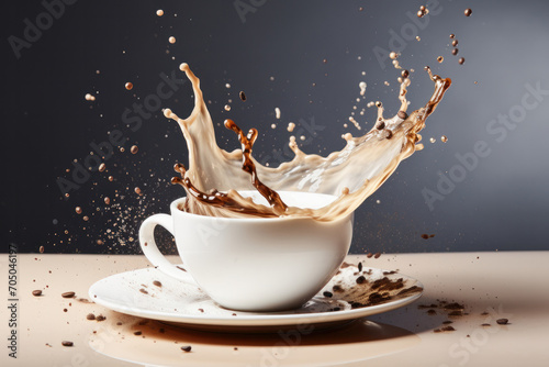 Black background features sugar splashing into coffee mug. AI Generative reveals liquid motion, isolated droplets.