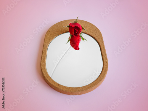 Creative floral layout made of elegant cork mirror and red rose against gradient pink background. Natural minimal concept. Flower reflection. Beauty industry.
