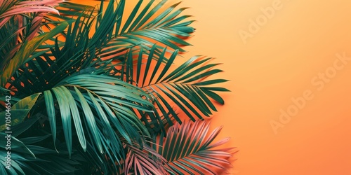 Green and pink palm leaves set against an orange background  creating a vibrant and tropical design perfect for various decorative and artistic projects.