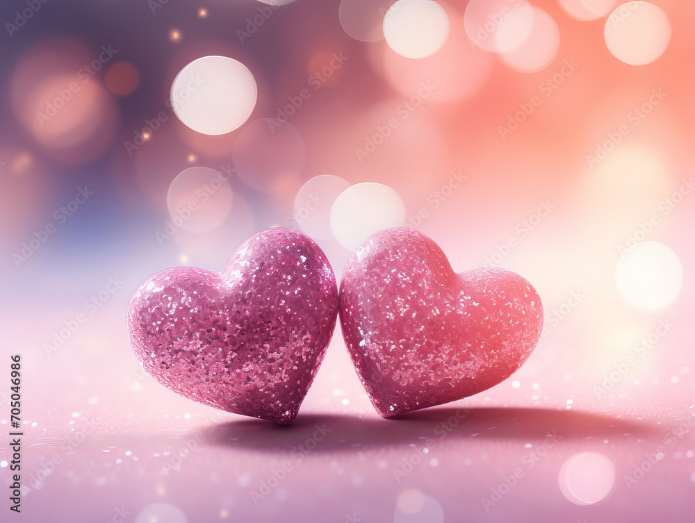 Shiny abstract background with two hearts on pink glitter. Festive celebration of love. AI Generative.