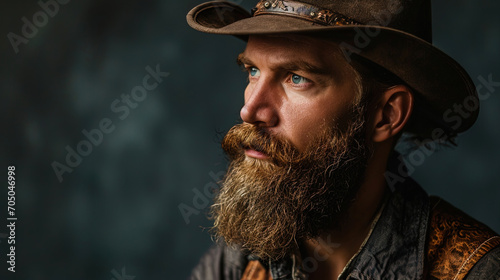 A man in a stylish hat, with an unusually thick beard, creates the impression of confidence and ex