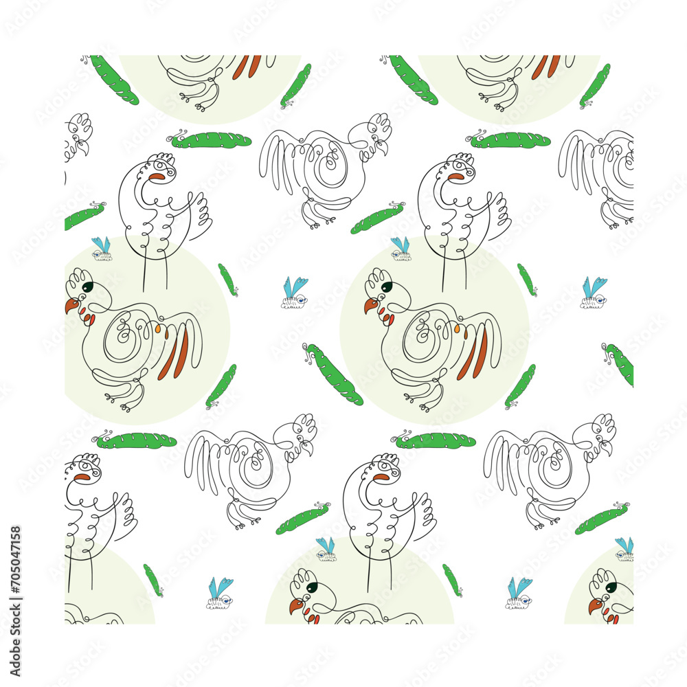 The pattern is a vector linear image of a chicken and a rooster with a worm and a bee. Modern art of continuous lines, aesthetic contour.