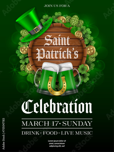 saint patrick's day poster with green beers, green hat and wooden signboard. st. patrick's day background	
