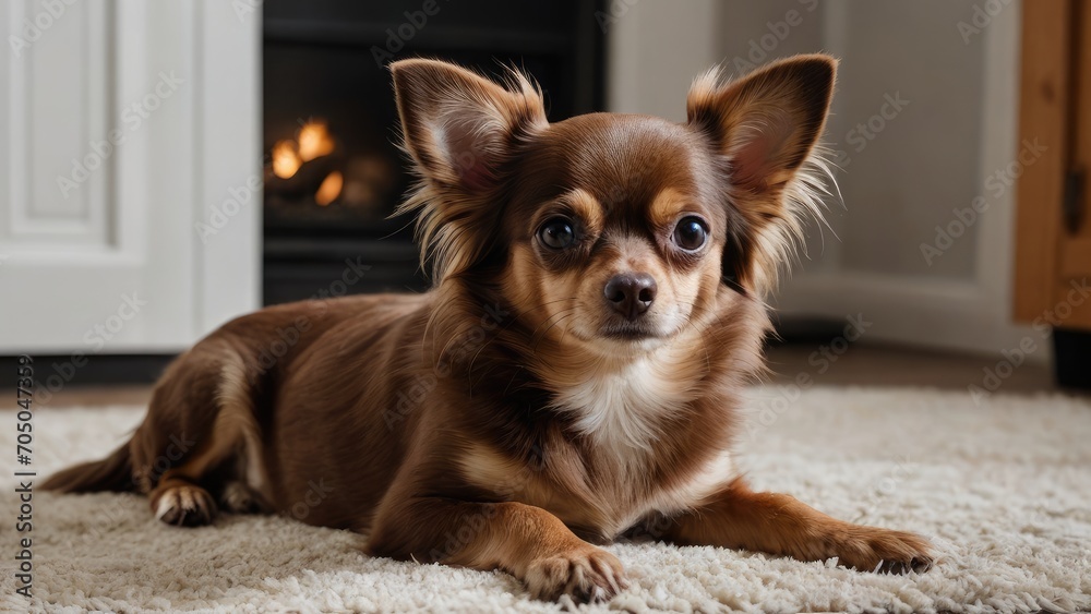 Chocolate long coat chihuahua dog laying on the floor indoor Chocolate long coat chihuahua dog laying on the floor indoor