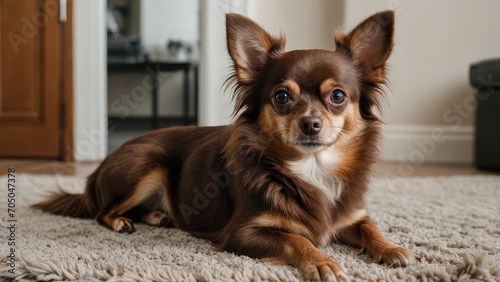 Chocolate long coat chihuahua dog laying on the floor indoor © QuoDesign