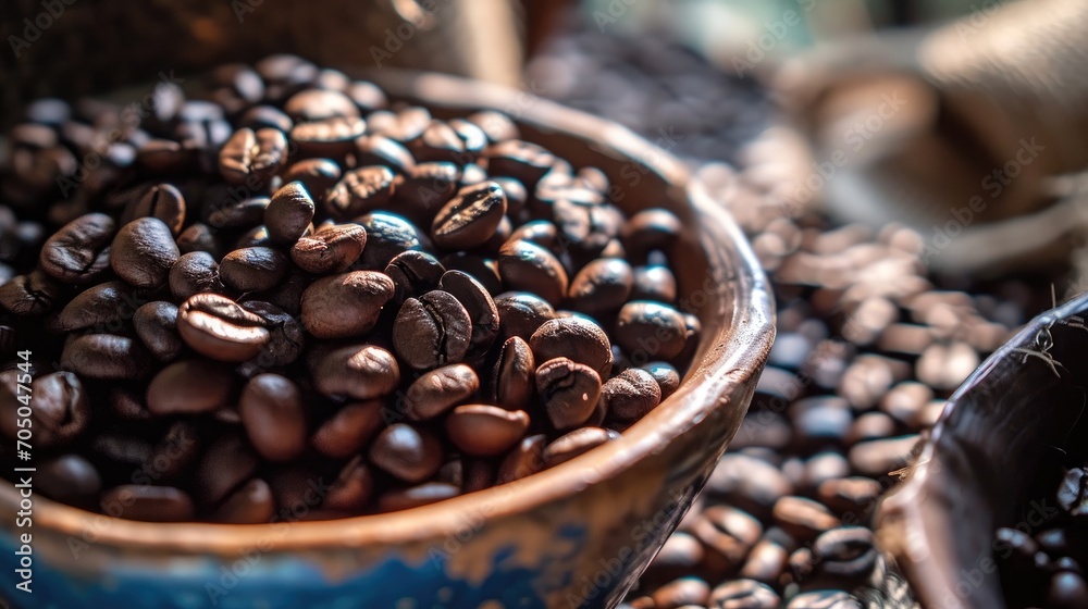 Fototapeta premium Coffee beans in jar. Coffee background