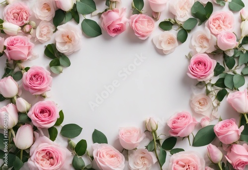 Beautiful tender blossoming floral frame of pink roses eustoma mattiola tulips eucalyptus on the white background top view flat lay stock photoFlower Backgrounds Rose Flower Pink Color Valentine's © wafi