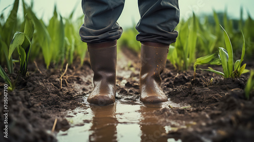 Farmer in wet field after rain in rubber boots and increasing crop success, farmer with a photo of half his body from stomach to feet