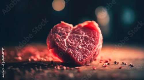 Raw red meat shaped like a heart. Created with AI.