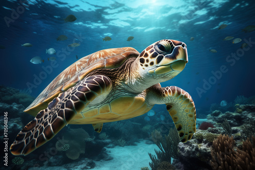 Wild turtle swimming in deep sea water. Marine life of endangered species. Generative AI © harysxu