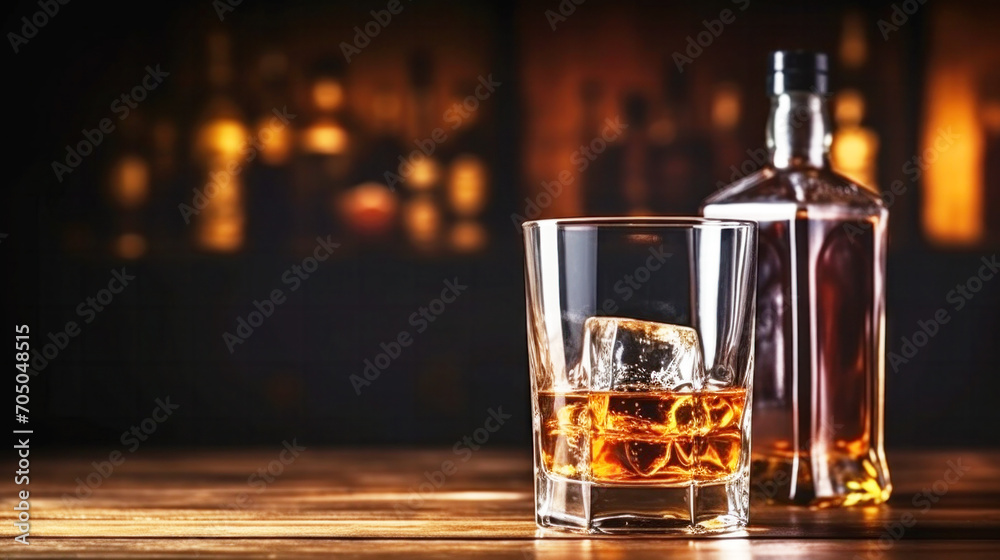 Alcohol whiskey drinks on counter wood in bar on blur background, Bartender serving drink at party Alcohol whiskey drinks on counter wood in bar on blur background, Bartender serving drink at party
