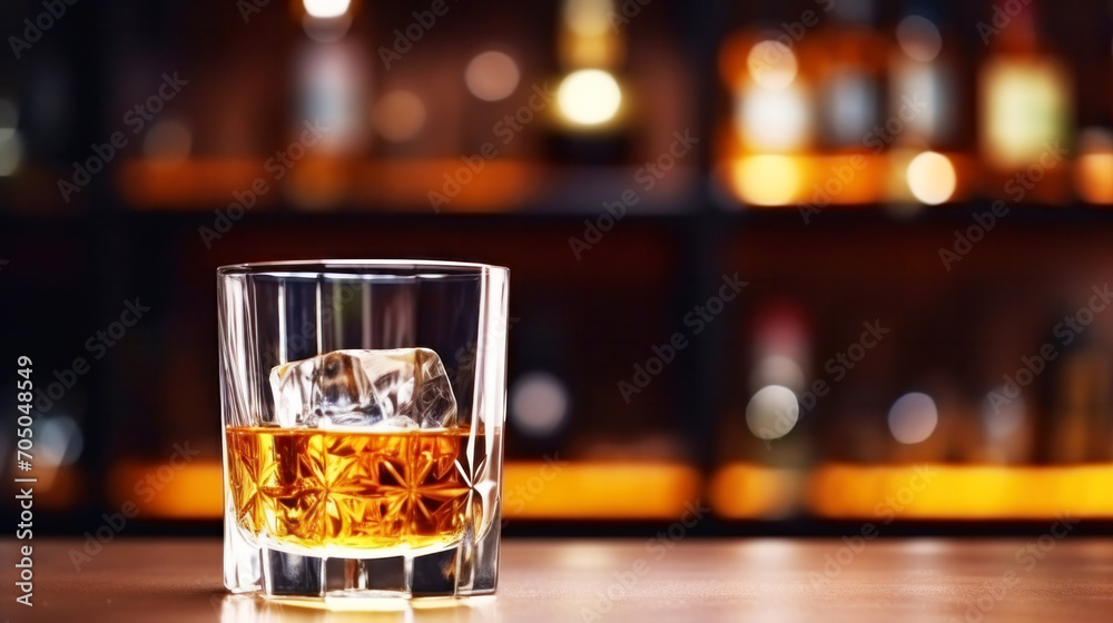 Alcohol whiskey drinks on counter wood in bar on blur background, Bartender serving drink at party