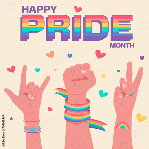 People hold hands up celebrating LGBTQ pride month. Pride month banner celebration against violence, discrimination, human rights violation. Equality and self-affirmation.Vector illustration