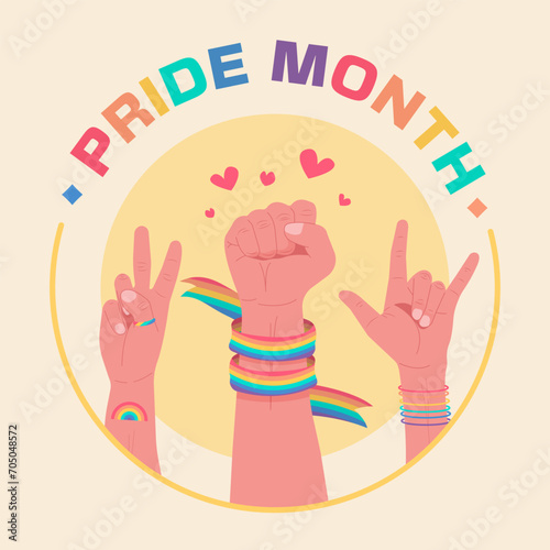 People hold hands up celebrating LGBTQ pride month. Pride month banner celebration against violence, discrimination, human rights violation. Equality and self-affirmation.Vector illustration