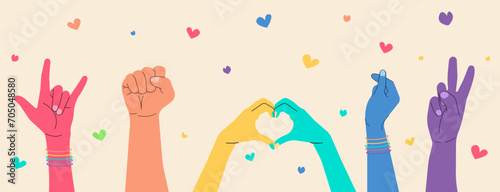 Colorful hands raised up. Rainbow colors.Vector illustration
