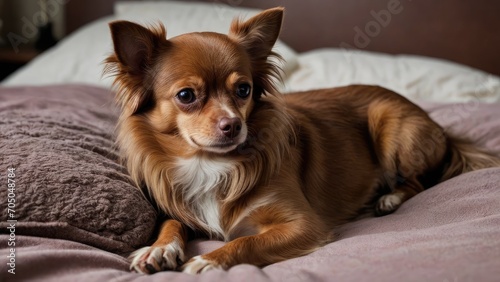 Chocolate long coat chihuahua dog lying on bed in the bedroom © QuoDesign
