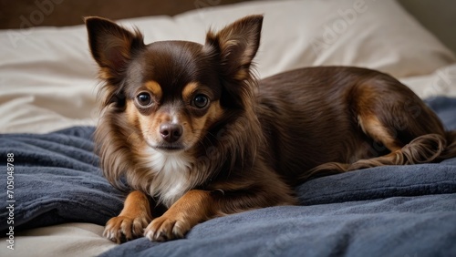 Chocolate long coat chihuahua dog lying on bed in the bedroom