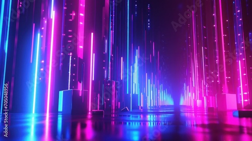 Vibrant digital landscape of neon light columns in shades of pink and blue, creating a futuristic cityscape atmosphere. photo