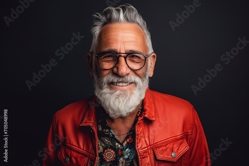 Portrait of a happy senior man with eyeglasses against black background
