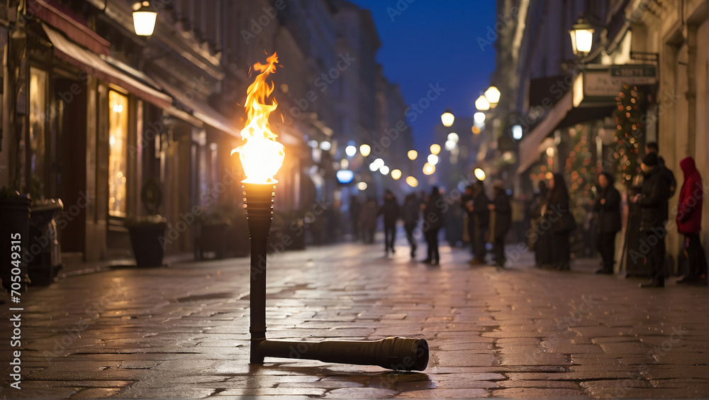 torches light up the street at night