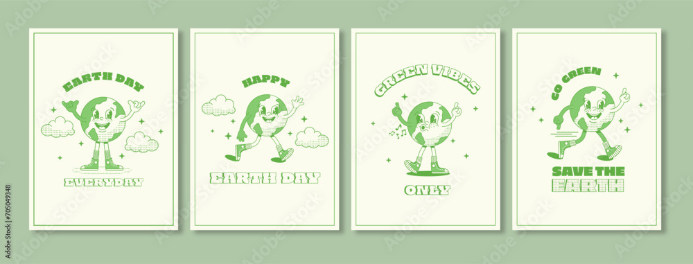Set of Earth day vintage posters in trendy cartoon style. Happy Earth Day. World Environment Day. Cute retro Earth character.Eco save planet concept.Vector illustration