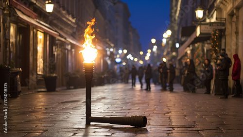 torches light up the street at night