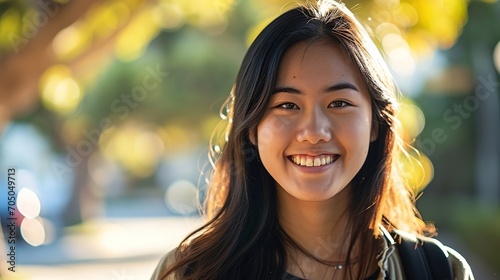 Female Asian student smiling with happiness. Created with Generative Ai technology.