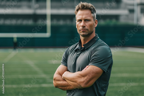 football coach standing on the field with serious-looking,training session