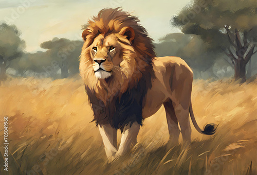 lion in the wild  lion in the savannah  illustrative painting  digital art style